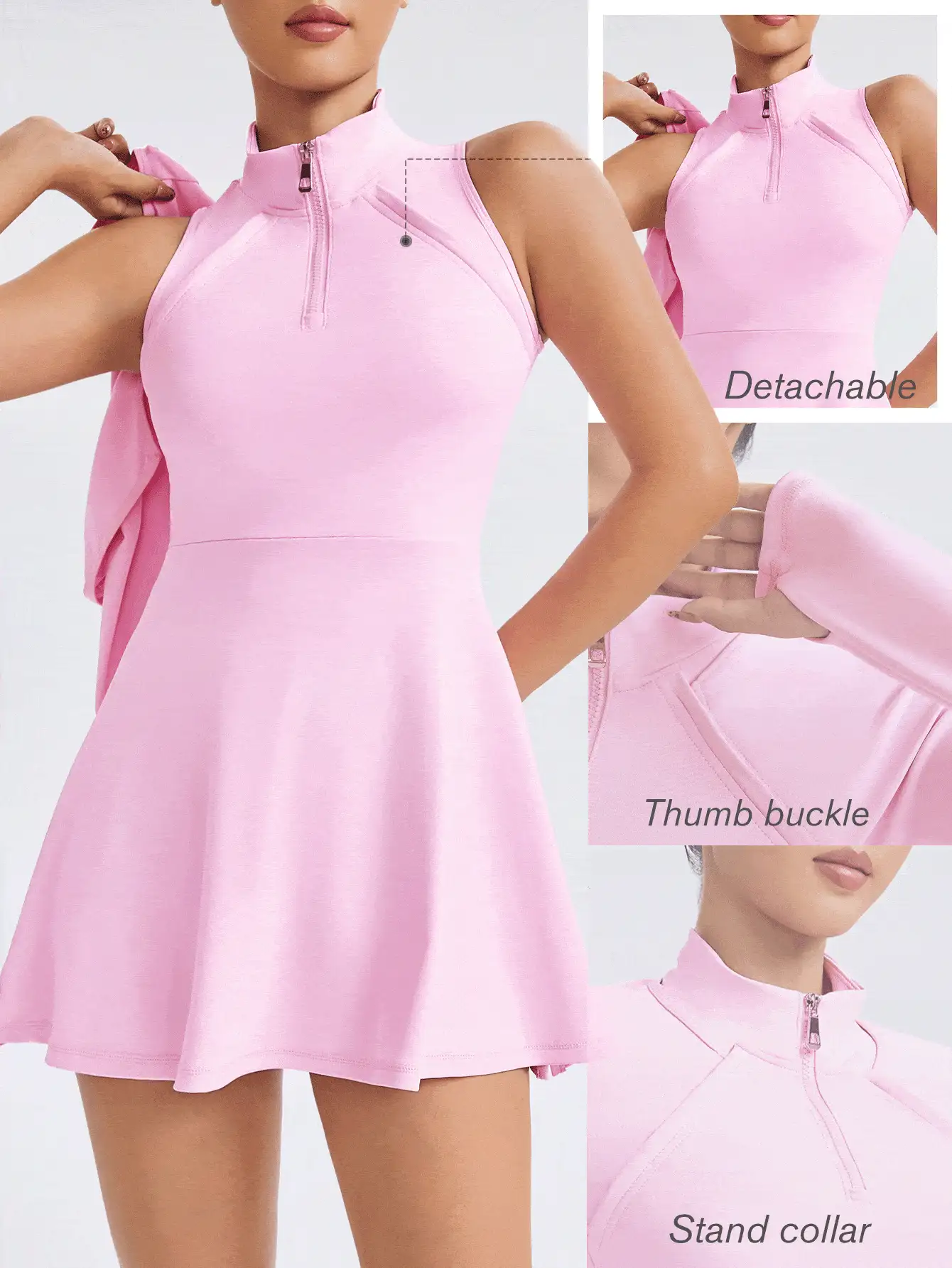 SHEIN Sovereign Charm Váy thể thao nữ tay dài có thể tháo rời, cổ đứng, váy tập yoga có quần bó, túi, phù hợp để chạy bộ, tập yoga, thể dục, quần đùi thường ngày ngoài trời, có lỗ xỏ ngón tay cái Váy quần vợt thể thao - Hồng - Xem 2