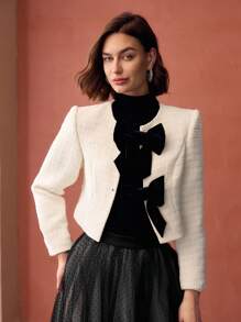 MOTF PREMIUM 粗花呢撞色蝴蝶结前襟夹克 - 白色 - 查看 7