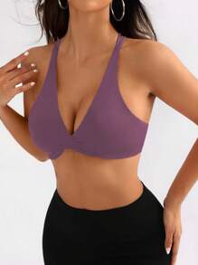 Gameset SHEIN Sport 女士纯色交叉后背日常健身运动胸罩 - 紫色 - 查看 3