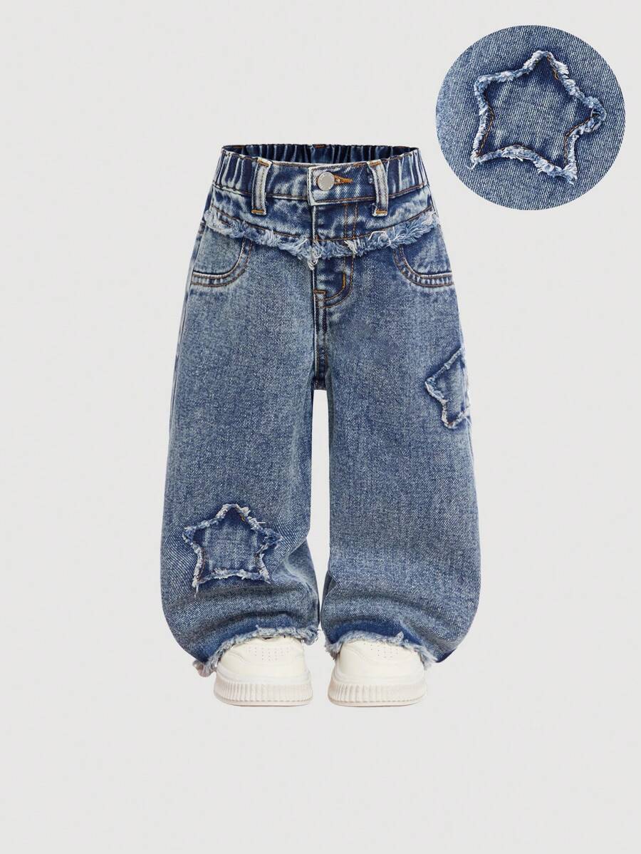 SHEIN 女婴星星贴花蓝色牛仔宽松直筒裤 - 淺色水洗藍 - 查看 1