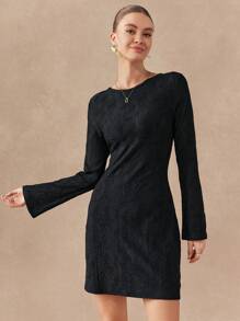 Chiquease Damen einfarbiges Crew-Neck Langarm einfaches kurzes Lässig Kleid