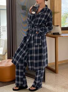 DAZY Conjunto de pijama de 2 piezas con bata a cuadros de longitud media con cinturón y pantalón de pijama recto y suelto, ropa de otoño e invierno