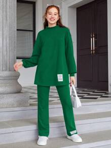 Bộ 2 áo thun tay dài cổ trễ vai trơn cho bé gái tuổi teen và quần dài - màu xanh lá - Xem 1