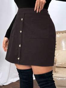 Calvaya Plus Size Solid Color Button Elegant Office Skirt, Suitable For Autumn & Winter