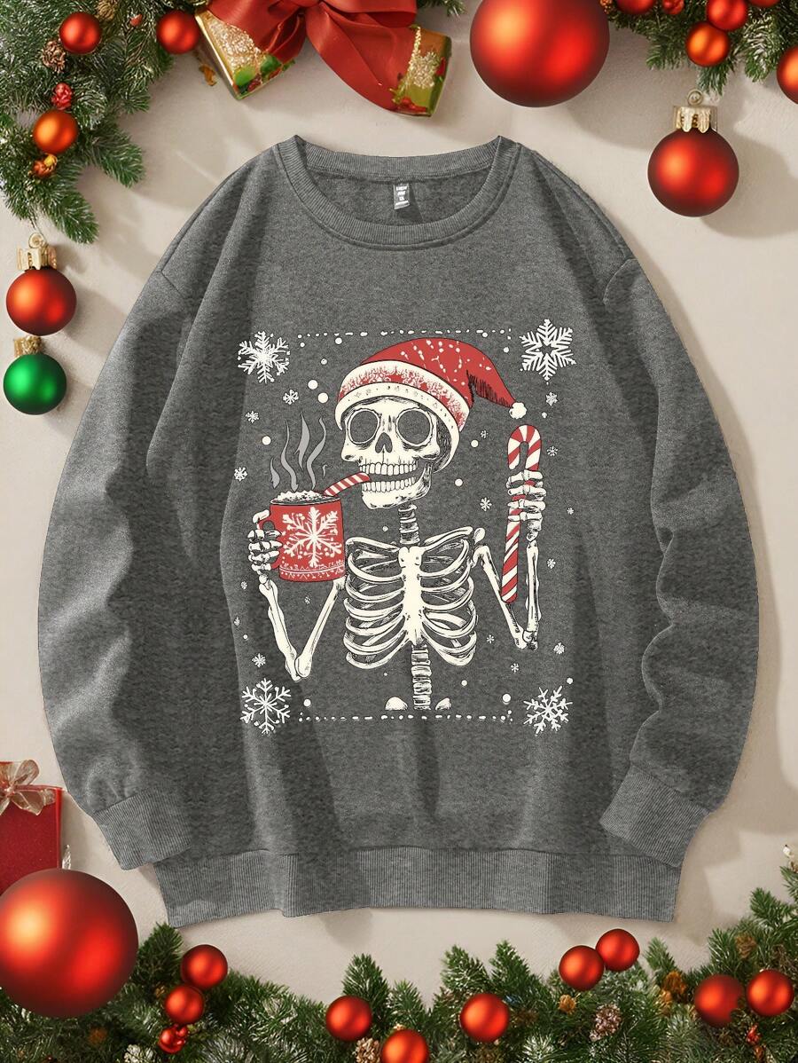 Calvaya Christmas Skeleton & Snowflake Print Plus Size Sweatshirt - Dark Grey - View 1