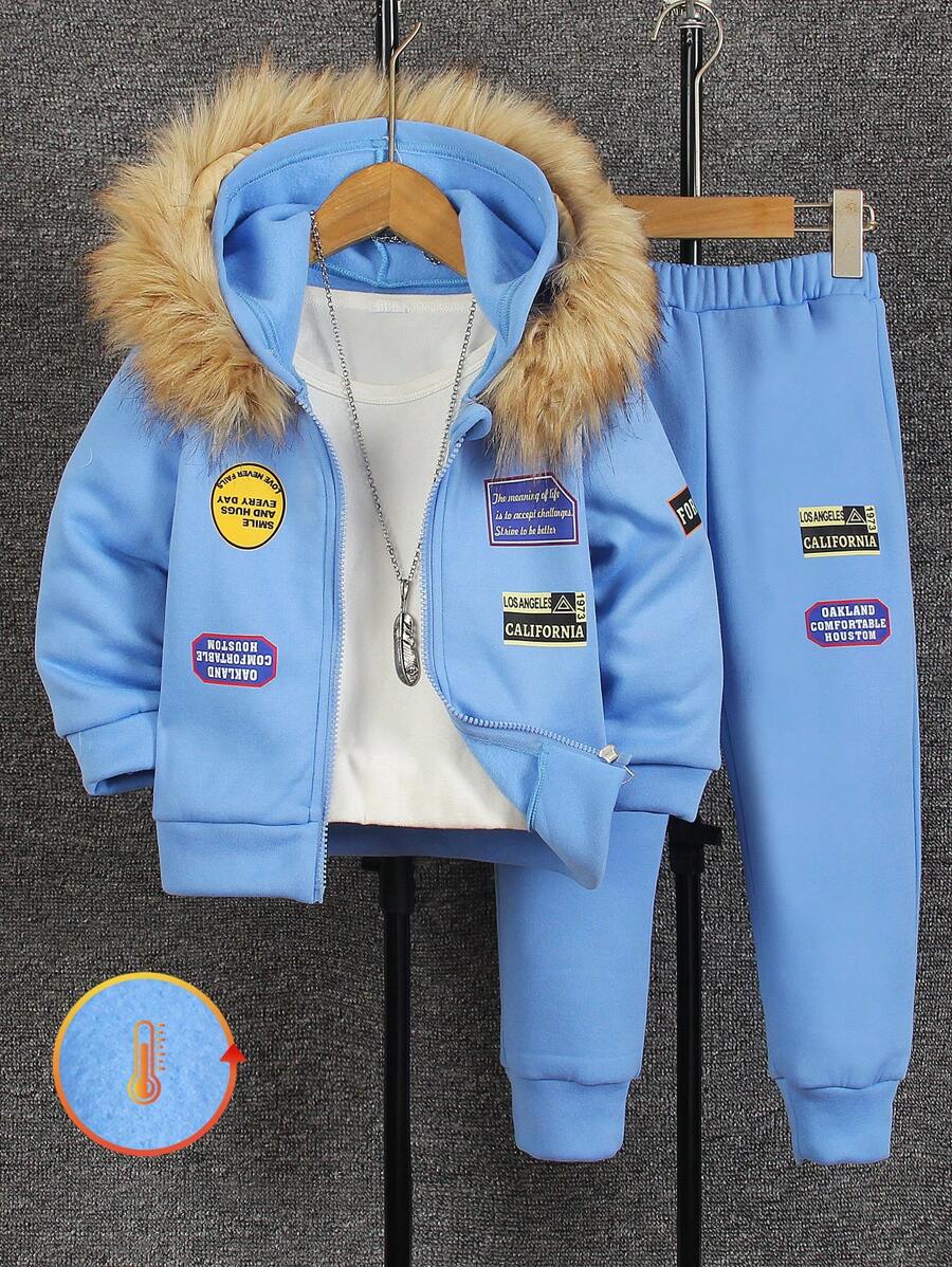 SHEIN Set de 2 piezas para niño pequeño: Chaqueta con capucha de forro polar con estampado de letras y pantalones, casual para otoño/invierno