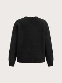 Slaydiva Women Contrast Color Round Neck Drop Shoulder Long Sleeve Casual Loose Sweater, Autumn/Winter - Black - View 2