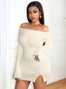 Zolique Women's Minimalist Elegant Off-Shoulder Bell Sleeve Sweater Dress, Autumn/Winter - Beige - View 6