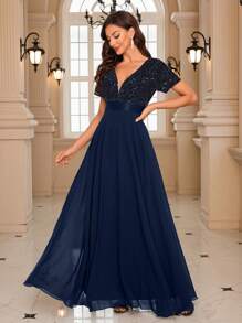 UNITHORSE Sequin Spliced Formal Dress Elegant Prom Wedding Guest Gown, For Graduation Dress, Bride Dress, Birthday Women Outfits,Party Dress,Evening - Navy Blue - View 4