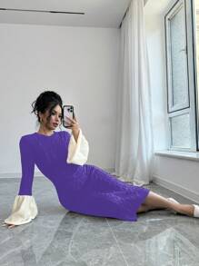 Elenzga 女士喇叭袖撞色毛衣连衣裙 - 紫色 - 查看 7