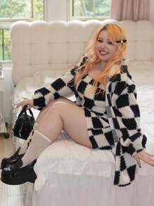 SHEIN SXY 3 件/套：大码女式毛绒黑白格子夹克、毛绒背心和裙子，秋冬 - 黑與白 - 查看 5