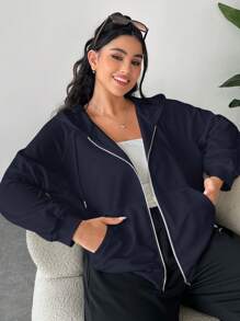 SHEIN EZwear 大码女式白色百搭休闲连帽长袖卫衣，适合日常穿着，秋冬季节。 - 藏蓝色 - 查看 4