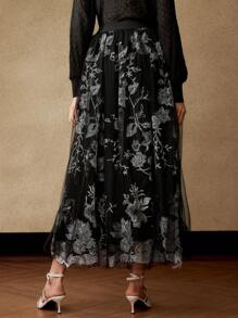 MOTF PREMIUM 刺绣网纱花卉图案喇叭裙 - 黑色 - 查看 8