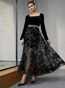 MOTF Soiréza SQUARE NECK VELVET BODICE SEQUINS EMBROIDERY MESH FLARE HEM FORMAL EVENING DRESS - Black - View 5