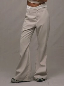 MUSERA Mid Waist Flared Office Trousers Old Money  Elegant - Khaki - View 2