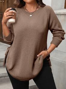 SHEIN LUNE Plus Size Women Solid Color Raglan Sleeve Casual Pullover Sweater, Autumn/Winter Knit Pullover Fall - Brown - View 6