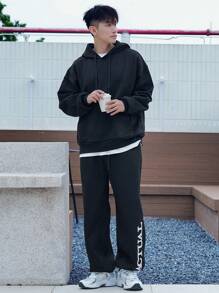 DAZY Men's Letter Embroidered Sweatshirt Set, Autumn Hoodie - Black - View 5