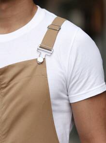 Manfinity Homme Men's Solid Color Utility Pocket Overalls With Suspenders - Khaki - View 5