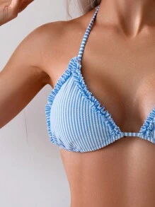 Swim Mod Women's Vacation Striped Nautical Style Patchwork Frill Trim Bikini Set Summer - Blue - View 4