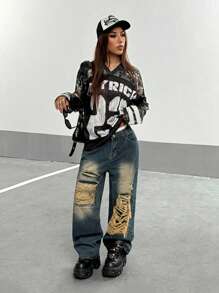 StreetHx 女式街头运动复古树叶印花拼接大字母和数字 V 领长袖 T 恤，秋季图案 T 恤女式春季上衣