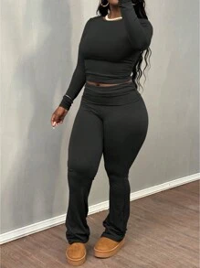 Women Plus Size Solid Color Ruched Fitted Cropped Long Sleeve T-Shirt And High Waist Flared Leg Pants Set, Versatile For Spring/Autumn - Black - View 5