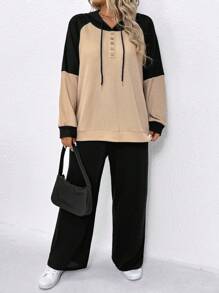 Bộ 2 món cỡ lớn, áo hoodie và quần thường ngày, trang phục thời trang phối màu cho nữ - Nhiều màu - Xem 7