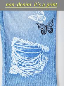 SHEIN 2 件装 Tween Girls 露肩喇叭袖 T 恤和蝴蝶印花喇叭裤 Y2K 风格套装 - 彩色 - 查看 4