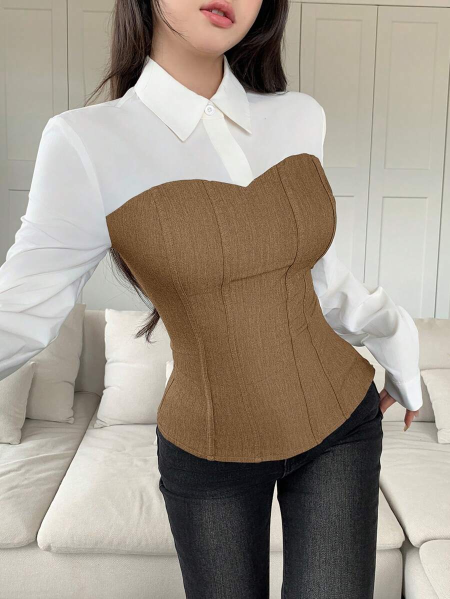 Mulvari 撞色材质轮廓腰带休闲通勤百搭衬衫 - 卡其色 - 查看 1