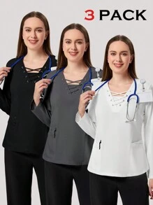 TaskEZ 3pcs Women Simple Cross Strap Double Pockets Nurse Scrub Uniform Top Set - Multicolor - View 1