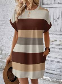 EMERY ROSE Casual Striped Pattern Round Neck Short Sleeve Women Dress, Spring/Summer Suitable For Going Out Chic Dress