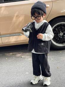 SHEIN 3pcs Young Boys Cute Casual Comfy Solid Color Hoodie, Decorated Gilet, And Pants Set, Suitable For Outings, School, Daily Gatherings, Parties, Autumn/Winter