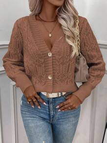 SHEIN LUNE 1pc Women's Solid Color Front Button Long Sleeve Casual Blouse Fall Cloth For Women - Burnt Orange - View 3