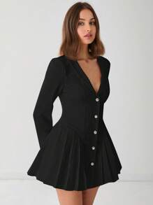 Enchnt Women's Solid Color Front Button Long Sleeve Casual Mini Dress - Black - View 3
