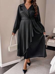 SHEIN Unity Plus Size Solid Color Long Sleeve Lapel Neck Minimalist Casual Long Dress - Black - View 3