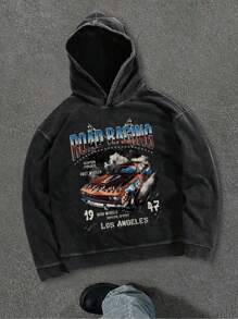 Manfinity EMRG Sudadera con capucha casual con lavado vintage con estampado de letras y coche, manga larga con gráfico para salir en primavera y otoño, regalo para amigos, esposo, novio