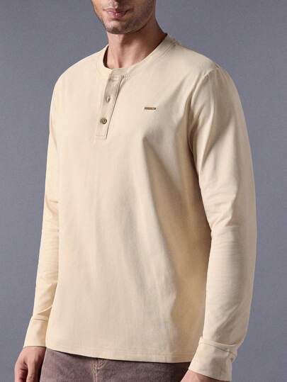 Manfinity VCAY 男士针织休闲宽松亨利领长袖 T 恤