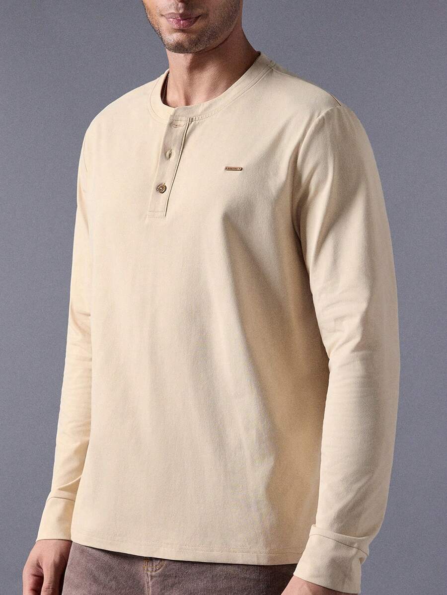 Manfinity VCAY 男士针织休闲宽松亨利领长袖 T 恤 - 軍綠色 - 查看 1