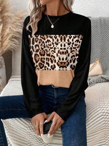 SHEIN LUNE 1 件女式纯色拼色圆领长袖简约 T 恤，休闲日常穿着 - 彩色 - 查看 2