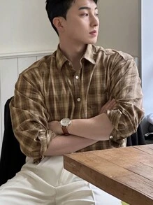 DAZY 男士前扣衬衫领长袖格子休闲上衣 - 棕色 - 查看 4