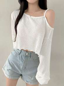 DAZY 女士休闲斜肩不对称下摆短款T恤，秋季长袖女上衣，秋季女装短款女上衣 - 白色 - 查看 4