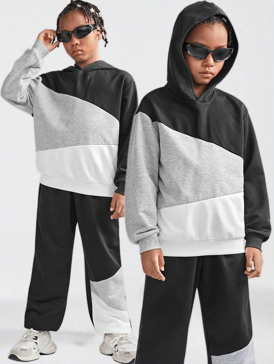 SHEIN 2 件套 Tween Boy 拼色连帽衫和裤子套装 - 彩色 - 查看 1