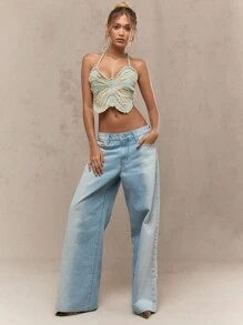 MISSGUIDED Butterfly Tie-Back Halter Neck Casual Denim Blouse - Blue - View 4