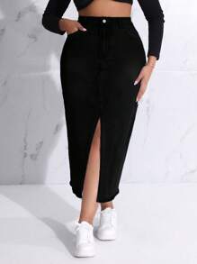 SHEIN SXY Plus Size Casual Versatile Asymmetric Pockets Slit Denim Skirt - Black - View 1