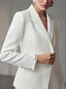 MOTF PREMIUM FAUX PEARL EMBROIDERY MESH APPLIQUE DETAIL PEAK COLLAR BLAZER