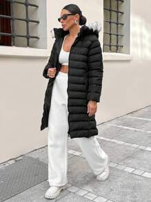 SHEIN Cottnline Fur Detailed Puffy Army Green Padded Long Coat - Black - View 1