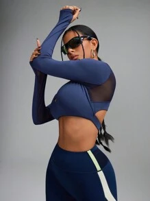 Innovista Women Blue Skinny Fit Backless Push Up & Breathable Mesh Cut Out Sports Long Sleeve T-Shirt,Basic T Shirt ,Workout Tops Crop Tops ,Party,Gym & Daily Casual,Festival,Going Out,Gym Clothes,Sexy Long Sleeve Top Fall Outfits For Women Cool Light Blue - Black - View 6