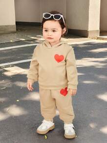 SHEIN Trang phục 2 món thường ngày cho bé gái áo nỉ có mũ in hình trái tim và quần dài, mùa thu đông - Màu Khaki - Xem 7