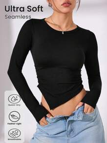 Eassivo Eassivo 无缝高弹力不对称下摆长袖运动上衣 - 黑色 - 查看 1