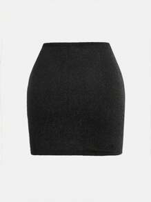 SHEIN Teenager Mädchen's schwarzer gestrickter Netz/Party/Elegant/mit Strass Verzierungen Rock - Schwarz - Übersicht 2