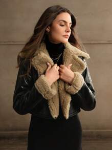 SHEIN x Carly Lawrence Anewsta 1pc Fashionable Premium Modern Detachable Faux Shearling Black Coat For Autumn/Winter - Black - View 6